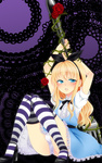 Rating: s Score: 39 Tags: 1boy absurdres alice_(wonderland) alice_(wonderland)_(cosplay) alice_in_wonderland androgynous blonde_hair blue_eyes blush bulge cosplay crossdressing dress flower fork hairband high_heels highres long_hair male_focus nekomaru_rentarou open_mouth original oversized_object panties rose shoes sitting solo striped striped_legwear thighhighs trap underwear white_panties