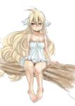 Rating: s Score: 40 Tags: 1girl barefoot blonde_hair fairy_tail feet green_eyes mashima_hiro mavis_vermilion simple_background solo white_background