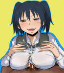 Rating: e Score: 35 Tags: 1girl blue_hair brown_eyes censored cum cum_on_clothes danshi_koukousei_no_nichijou ejaculation ikushima_(danshi_koukousei) kiikakiika paizuri paizuri_under_clothes penis penis_under_clothes school_uniform sex twintails yellow_background