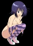 Rating: q Score: 20 Tags: 1girl black_background blue_eyes blue_hair blush breasts covering covering_breasts embarrassed female fetal_position kirisaki_kyouko nude open_mouth shoes short_hair simple_background solo squatting striped striped_legwear thighhighs to_love-ru to_love-ru_darkness torn_clothes torn_legwear