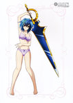 Rating: q Score: 10 Tags: 1girl absurdres barefoot blue_hair bra breasts cleavage full_body high_school_dxd highres looking_at_viewer navel official_art panties shiny shiny_skin short_hair smile solo standing sword underwear underwear_only weapon xenovia_(high_school_dxd) yellow_eyes