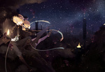 Rating: s Score: 1 Tags: blonde_hair boots fire gloves hair_over_one_eye hair_tucking hairband highres imp knee_boots lantern leggings night open_mouth original pointy_ears shiomachi siblings sitting sky star teeth tree