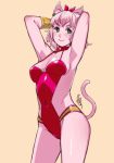 Rating: q Tags: 1girl animal_ears arms_up breasts collar ganto green_eyes looking_at_viewer meeya pink_hair pink_skin rpg_densetsu_hepoi short_hair simple_background small_breasts tail thighs