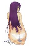 Rating: q Score: 142 Tags: 1girl absurdres arm_support ass back bakemonogatari bangs bare_shoulders barefoot blue_eyes butt_crack dimples_of_venus elbow feet female from_behind full_body hand_on_ass hands highres hips kneeling long_hair looking_at_viewer looking_back lowleg lowleg_panties monogatari_(series) open_mouth panties panties_only print_panties purple_hair scissors senjougahara_hitagi shiny shiny_hair simple_background skindentation soles solo tanaka_takayuki toes topless underwear underwear_only white_background white_panties