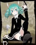 Rating: s Score: 9 Tags: \m/ aqua_eyes aqua_hair bad_anatomy bags_under_eyes black_dress black_legwear blush crazy_eyes cuffs dress drill_hair grin gun handcuffs handgun hatsune_miku highres himitsu_keisatsu_(vocaloid) nail_polish panties pantyshot sailor_antei shoes sitting smile solo striped striped_panties thighhighs twin_drills twintails underwear vocaloid weapon