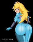 Rating: q Score: 41 Tags: 1girl ass black_background bodysuit cameltoe food fruit huge_ass lips looking_at_viewer mario_(series) metroid peach princess_peach samus_aran samus_aran_(cosplay) skin_tight smile solo super_mario_bros. zabadoohp zero_suit