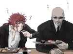 Rating: s Score: 3 Tags: 2boys bald blue_eyes eating final_fantasy final_fantasy_vii formal luka_(artist) male_focus multiple_boys necktie red_hair reno rude suit sunglasses