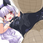 Rating: q Tags: 1girl blush bow bunnysuit character_request dd_(ijigendd) foreshortening hair_ornament hime_cut long_hair looking_at_viewer naughty_face open_mouth pantyhose purple_hair pussy red_eyes solo teasing