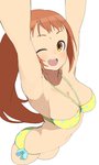 Rating: s Tags: 1girl ;d accho_(macchonburike) armpits arms_up bikini breasts brown_eyes cleavage cropped_legs foreshortening halterneck long_hair open_mouth orange_hair simple_background smile solo swimsuit very_long_hair wet white_background wink