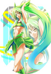 Rating: s Score: 6 Tags: 1girl breasts green_hair long_hair midriff navel personification pokemon ponytail rayquaza smile solo sumeshi underboob very_long_hair yellow_eyes zoom_layer