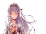 Rating: s Tags: 1girl blush eyes_closed hairband hiten_goane_ryu japanese_clothes jewelry kantai_collection long_hair muneate personification ring shoukaku_(kantai_collection) silver_hair single_glove smile solo tears yugake