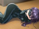 Rating: q Score: 53 Tags: 1girl armbinder ball_gag bdsm blindfold bodysuit bondage character_request female gag game_cg hair_ornament latex latex_suit long_hair purple_hair shin_arijigoku solo
