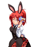 Rating: s Score: 4 Tags: 1girl animal_ears arm_behind_back blush bow box bunny_ears bunny_tail chibi_(nekomimimi) gift gift_box heart long_hair necktie one_eye_closed original pantyhose ponytail red_eyes red_hair ribbon simple_background smile tail tongue valentine white_background wink