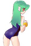 Rating: s Tags: 1girl blush from_behind green_hair legs long_hair looking_back pandora_(rockman) red_eyes rockman rockman_zx simple_background solo suteito swimsuit