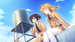 Rating: s Score: 1 Tags: 1boy 1girl black_hair blonde_hair breasts cigarette cloud eyes_closed game_cg happy kazami_haruki legs long_hair ponytail satsukoi_yuukyuu_naru_koi_no_uta school_uniform sitting skirt sky smile smoking thighhighs thighs white_legwear wind