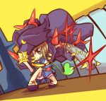 Rating: s Score: 4 Tags: 1girl alternate_costume banchou bob_cut brown_eyes brown_hair clover club hair_over_one_eye hat kill_la_kill mankanshoku_mako school_uniform serafuku short_hair solo spiked_club spikes spoilers weapon xlwyy1234