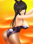 Rating: q Score: 9 Tags: 1girl animal_ears arms_up black_hair blue_eyes blush breasts brown_legwear bunny_ears bunnysuit hiro_(hankakudouga) leaning_forward long_hair nipples simple_background solo