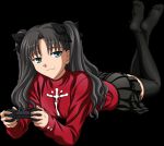 Rating: s Score: 9 Tags: 1girl :3 black_legwear black_skirt fate/stay_night fate_(series) feet green_eyes hair_ornament no_shoes playstation_2 ribbon simple_background solo sweater thighhighs tohsaka_rin twintails