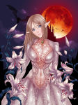 Rating: s Score: 10 Tags: 1girl animal bat blue_eyes breasts brown_hair castle cleavage cleavage_cutout cutout detached_collar dress elf flower flying gradient_background highres large_breasts living_clothes long_hair long_sleeves looking_at_viewer moon mountain navel night pointy_ears red_moon shibata_kozue shiny shiny_skin sky solo standing white_dress