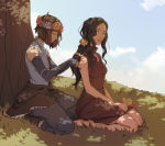 Rating: s Score: 45 Tags: 2girls adjusting_hair arckasa artist_request asami_sato avatar:_the_last_airbender barefoot black_hair blue_sky brown_hair couple curly_hair dark_skin elbow_gloves fingerless_gloves flower_wreath grass kneeling korra multiple_girls pelt ponytail sleeveless the_legend_of_korra tree yuri