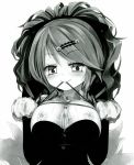 Rating: q Score: 1 Tags: 1girl blush breasts cleavage hairclip homura_subaru monochrome