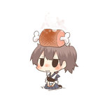 Rating: s Tags: 1girl black_eyes blush brown_hair chibi drooling food kaga_(kantai_collection) kantai_collection lowres meat object_on_head open_mouth rebecca_(keinelove) short_hair side_ponytail sitting