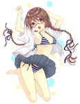 Rating: s Score: 10 Tags: 1girl armpits arms_up barefoot bikini blush braid breasts brown_eyes brown_hair glasses long_hair open_clothes open_mouth open_shirt original school_uniform shirt side-tie_bikini sideboob solo striped striped_bikini striped_swimsuit swimsuit swimsuit_under_clothes twin_braids underboob wind_lift yuuki_rika