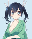 Rating: s Tags: 1girl :o blue_background blue_eyes blue_hair blush breasts cleavage japanese_clothes kantai_collection long_hair long_sleeves looking_at_viewer mirakuruone open_mouth personification solo souryuu_(kantai_collection) twintails