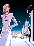 Rating: s Score: 10 Tags: 2boys arrancar black_hair bleach crescent_moon desert espada glasses male_focus moon multiple_boys night nnoitra_gilga pink_hair szayelaporro_granz usa_(blue-systema) yellow_eyes