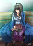 Rating: s Tags: 1girl black_hair blue_eyes book breasts covering_eyes hairband idolmaster idolmaster_cinderella_girls jewelry lap_pillow long_hair long_sleeves murasame_nohito pendant producer_(idolmaster) sagisawa_fumika shawl sleeping