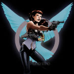 Rating: s Score: 2 Tags: 1girl bangs black_gloves brown_eyes brown_hair dc_comics dual_wielding emblem evelyn_crawford female gloves gun halter_top halterneck holster mcgone mcguan pinstripe_pattern ponytail simple_background sleeveless solo starling starling_(dc) tattoo vest weapon