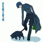 Rating: s Tags: 2boys belt black_cat black_gloves black_hair black_pants cat collar darker_than_black full_body gloves hei jacket lowres male_focus mao_(darker_than_black) multiple_boys over_shoulder pants simple_background text thigh_strap