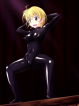 Rating: q Score: 31 Tags: blonde_hair bodysuit brown_eyes cameltoe gimpsuit latex latex_suit tamakko