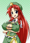 Rating: q Score: 8 Tags: 1girl blue_eyes breast_hold breasts dress erect_nipples female hat hong_meiling huge_breasts long_hair long_skirt no_panties open_mouth red_hair regls skirt solo standing touhou