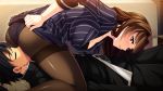 Rating: e Tags: 1girl 69 aotonbo ass belt blush breasts brown_hair cleavage eyes_closed game_cg highres large_breasts legs long_hair looking_back lying ohanabatakerun panties panties_under_pantyhose pantyhose pink_eyes sitting sitting_on_face skirt skirt_lift smile striped suit thighs underwear xx_of_the_dead