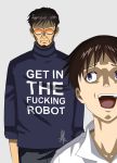 Rating: s Score: 20 Tags: 2boys age_difference alpaztor beard blue_eyes brown_hair english facial_hair father_and_son glasses grey_background ikari_gendou ikari_shinji looking_back meme multiple_boys neon_genesis_evangelion opaque_glasses open_mouth profanity scared short_hair simple_background sweatshirt