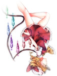 Rating: s Score: 1 Tags: 1girl absurdres ascot bare_legs blonde_hair bow dress drill_hair eyes_closed flandre_scarlet hat hat_bow highres mob_cap pointy_ears puffy_short_sleeves puffy_sleeves red_dress shirt short_sleeves side_ponytail smile solo touhou upside-down upskirt wings wrist_cuffs yozakura_retei