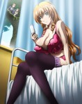 Rating: q Score: 106 Tags: 1girl absurdres bed bra breasts cellphone character_request cleavage curtains erect_nipples highres huge_breasts lingerie maken-ki! open_mouth phone sitting smile stitched strap_gap thighhighs underwear voyeurism window