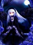 Rating: s Tags: 1girl dark dress flower full_moon gothic_lolita hairband lolita_fashion long_hair moon night red_eyes rozen_maiden silver_hair sitting solo suigintou wings