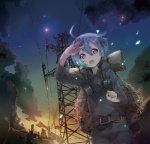 Rating: s Score: 21 Tags: 1girl :o ahoge backpack bag belt blue_hair blush cloud female gas_mask mask night night_sky open_mouth orange_eyes original randoseru red_eyes scenery shading_eyes short_hair sky solo star_(sky) starry_sky teeth twilight yuugen