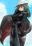 Rating: q Score: 3 Tags: 1girl ayuayu1192 blush bodysuit breasts cape cloud eyepatch female gloves green_hair hat kantai_collection kiso_(kantai_collection) latex latex_suit personification shiny shiny_clothes shiny_hair sky solo