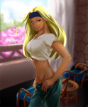Rating: q Score: 6 Tags: 1girl blonde_hair dark_skin genderswap indoors jojo_no_kimyou_na_bouken long_hair looking_at_viewer midriff pants slender_waist solo t-shirt tagme tiziano window