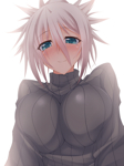 Rating: s Score: 44 Tags: 1girl aki_(suterii) bad_id blue_eyes blush breasts female grey_hair highres large_breasts looking_at_viewer original ponytail ribbed_sweater short_hair simple_background smile solo suterii sweater white_background