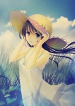 Rating: s Tags: black_hair blue_eyes cloud flower grass hat long_hair sky smile yurikuta_tsukumi