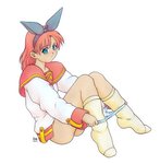 Rating: q Tags: 1girl ballpoint_pen_(medium) blue_eyes blush bottomless bow colored_pencil_(medium) hair_bow harumachi_nagaaki laura_newfield long_sleeves marker_(medium) panties panty_pull pink_hair school_uniform simple_background sitting smile socks solo traditional_media underwear yuukyuu_gensoukyoku