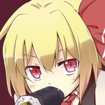 Rating: s Tags: 1girl black_dress blonde_hair bust dress face fang hair_ribbon looking_at_viewer mouth_hold red_eyes ribbon rumia solo sushi touhou yutamaro