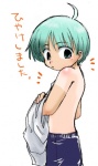 Rating: s Score: 2 Tags: green_eyes green_hair lowres male_focus short_hair simple_background tan tanline translated