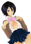 Rating: q Tags: black_hair bleach bottomless embarrassed erect_nipples female kuchiki_rukia no_bra no_panties school_uniform see-through shirt_lift short_hair skirt solo undressing wet