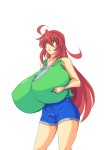 Rating: s Score: 23 Tags: 1girl aeon708 ahoge breast_hold breasts female gigantic_breasts kyoui-san long_hair red_eyes red_hair simple_background solo standing white_background