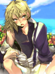 Rating: s Score: 1 Tags: 1boy blonde_hair blush fang hatio7 hirakoba_rin long_hair male_focus ocean open_mouth shorts sitting sky solo sweat tennis_no_ouji-sama white_background yellow_eyes